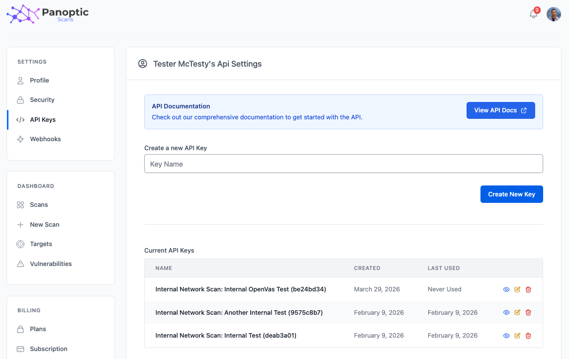 API keys page showing list of API keys with name, creation date, and last used date