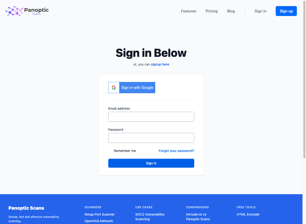 Panoptic Scans sign-in page with email and password fields