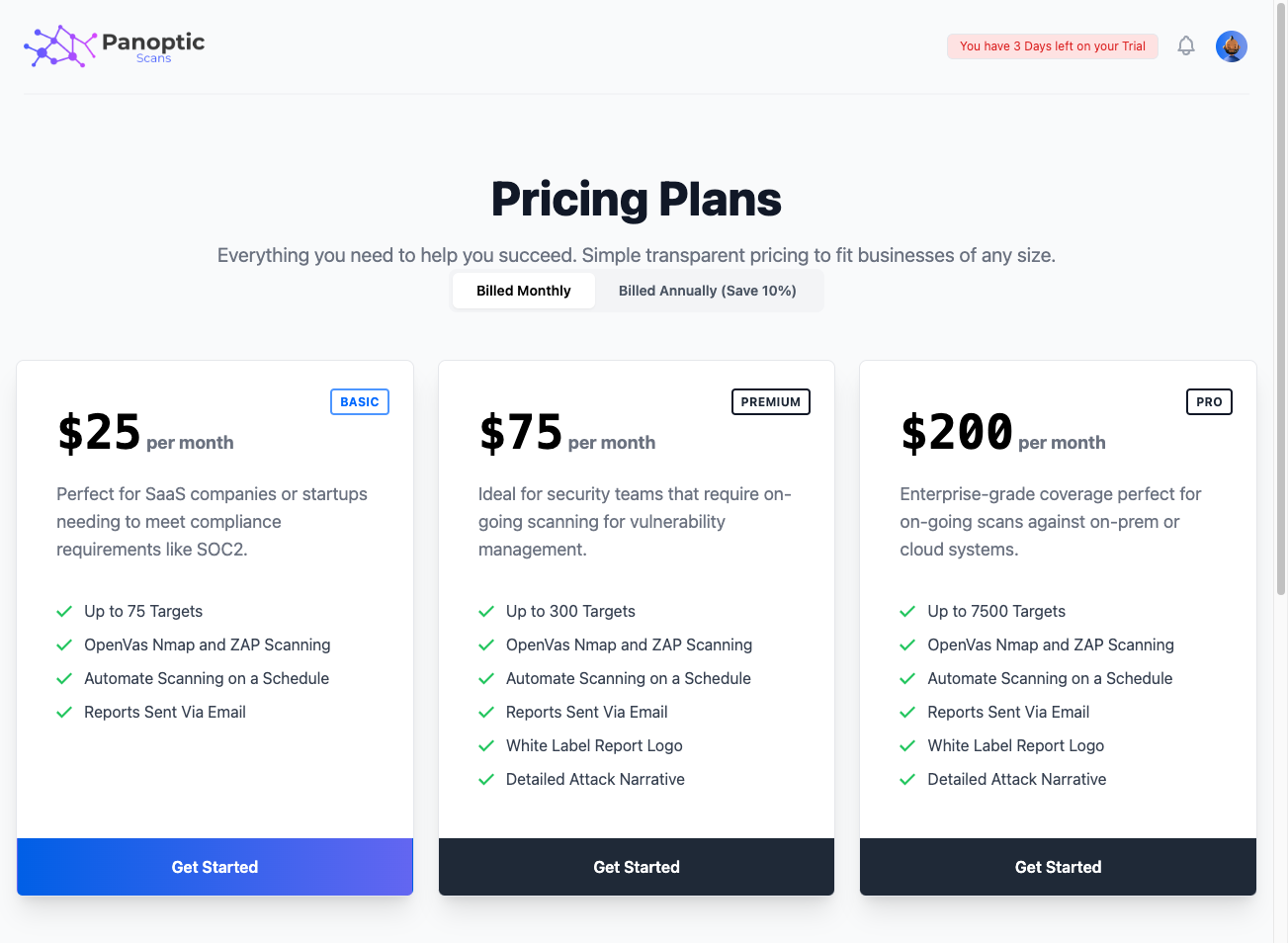 Panoptic Scans pricing plans showing Basic, Premium, and Pro tiers