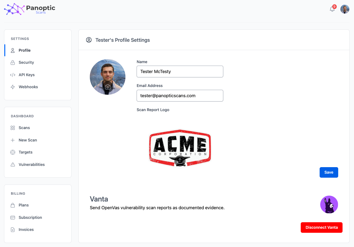 Profile settings page showing name, email address, and avatar