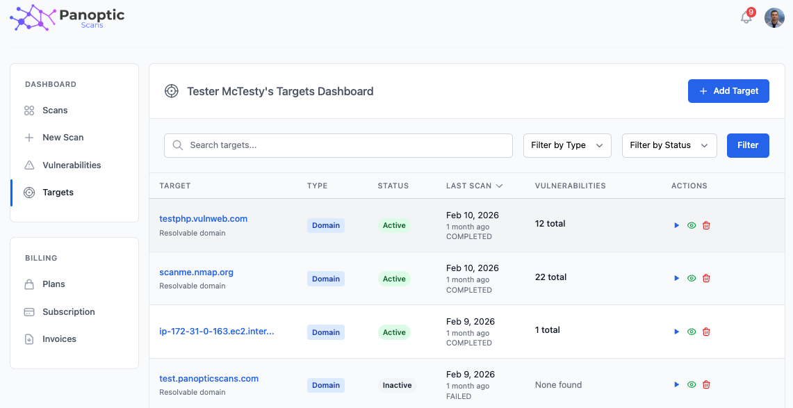 Targets page showing list of targets with filters, severity, status, and scanner type