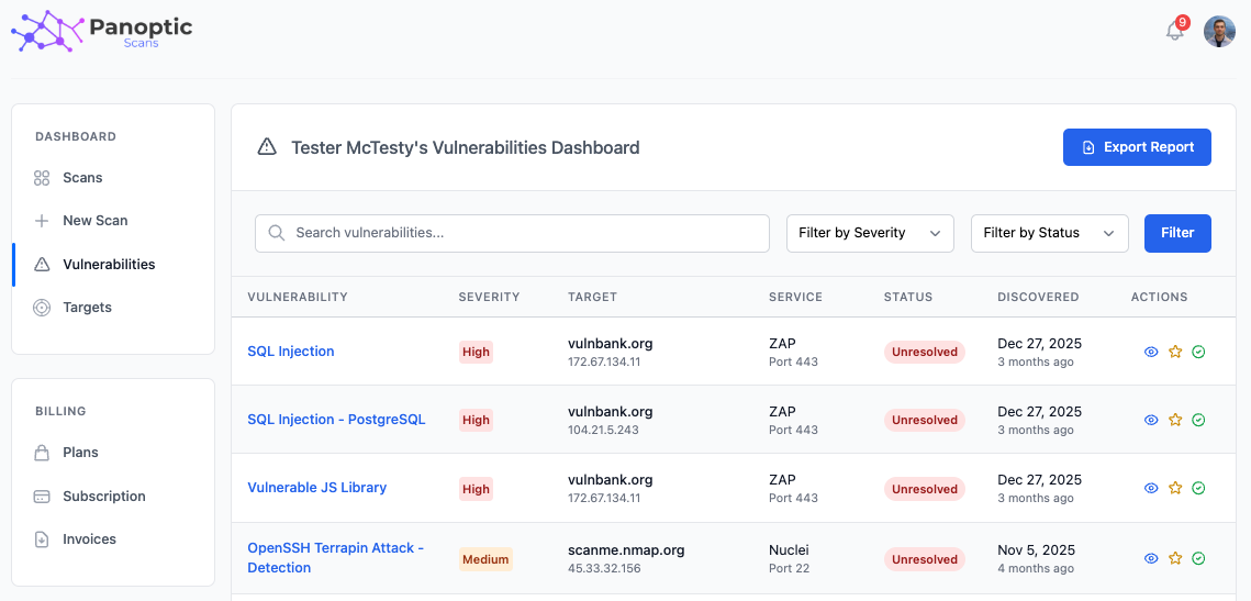 Vulnerabilities dashboard showing list of vulnerabilities with filters, severity, status, and scanner type