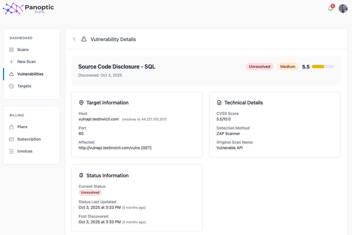 Vulnerability detail showing description, severity rating, affected target, and remediation guidance