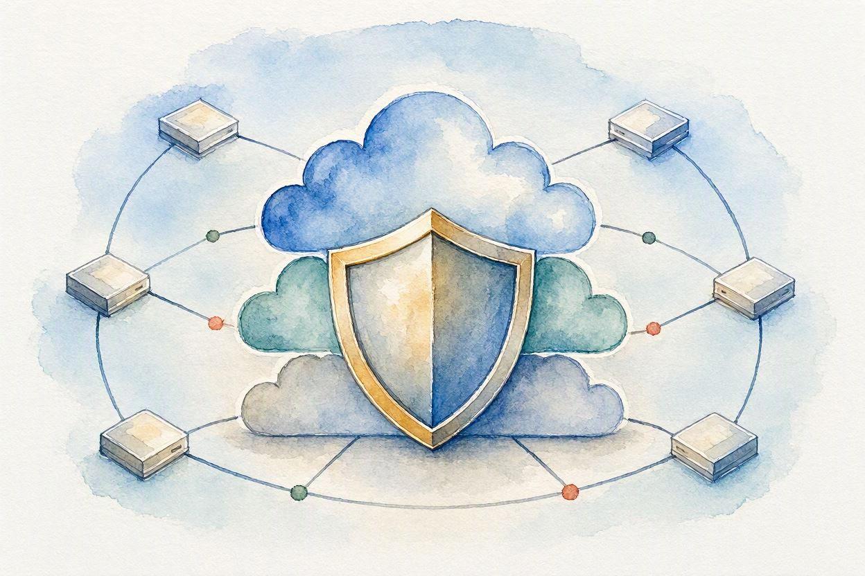 API endpoints shield architecture Connected API endpoints and shield protecting cloud SaaS architecture